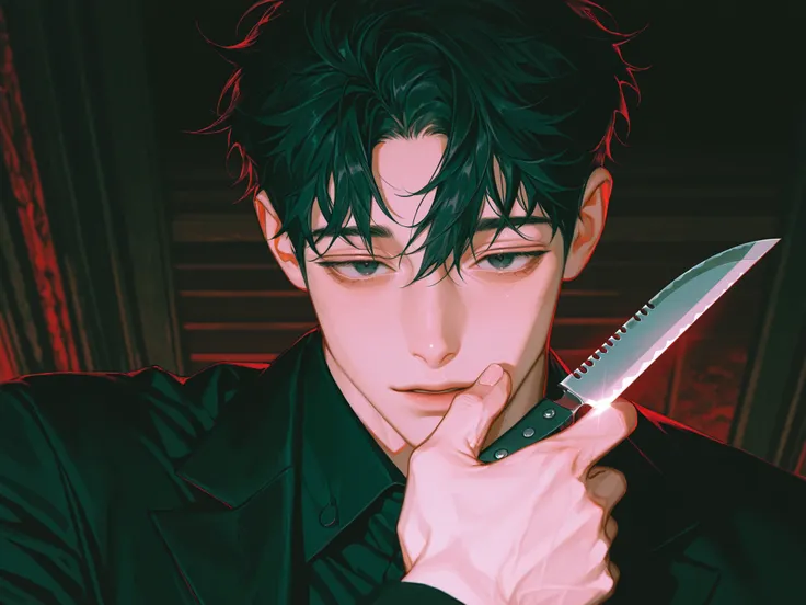 Detailed drawing, 40's,Glancing at the viewer,, Looking down at the viewer,black hair, detailed eyes, detail hair, detailed face ,black suit shirt,Trimmed hair, Floppy bangs, short hair, Sexy face, medium close-up, short hair,, hold a small knife in one h...