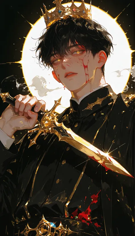 hyper-detailed, ultra-high-definition, luminescent, (1man, solo, alone), handsome, black hair, short hair, gold eyes, moonlight background, moonlight filtering through the dust-filled air, semi-realism manhwa, crown, (king, holding jeweled dagger: 1.3, blo...