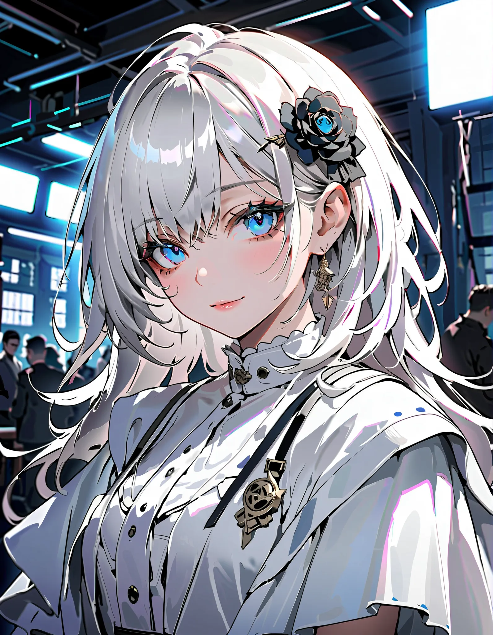 (Top Quality),(masterpiece),Delicately Drawn Face,Of a cute face,beautifully detailed blue eyes,White Tie Fashion,(( beautiful detailed white costume)),(beautiful silky white hair:1.2),black ribbon hair ornament,My skin is white,Movie Lighting,(The backgro...