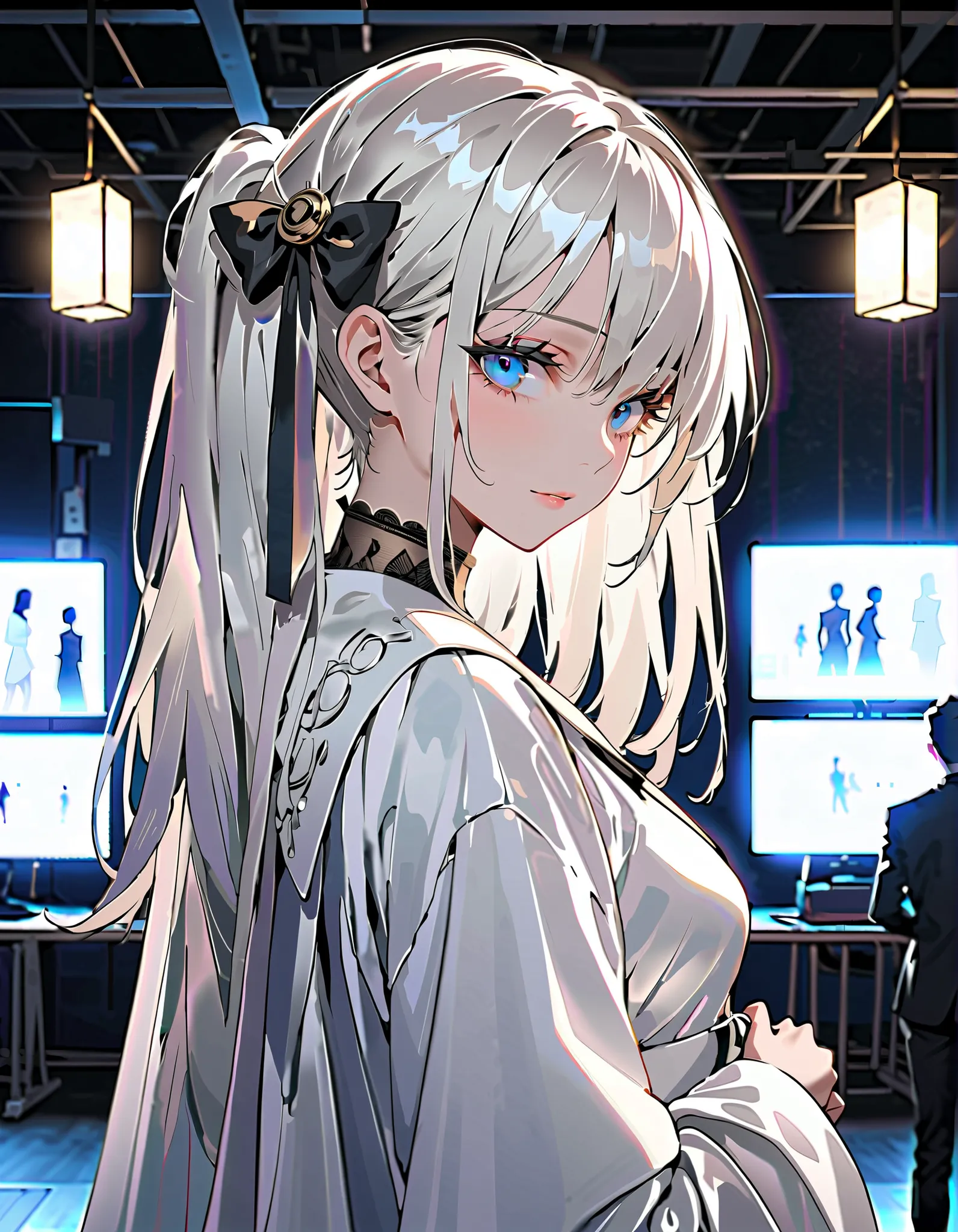 (Top Quality),(masterpiece),Delicately Drawn Face,Of a cute face,beautifully detailed blue eyes,White Tie Fashion,(( beautiful detailed white costume)),(beautiful silky white hair:1.2),black ribbon hair ornament,My skin is white,Movie Lighting,(The backgro...