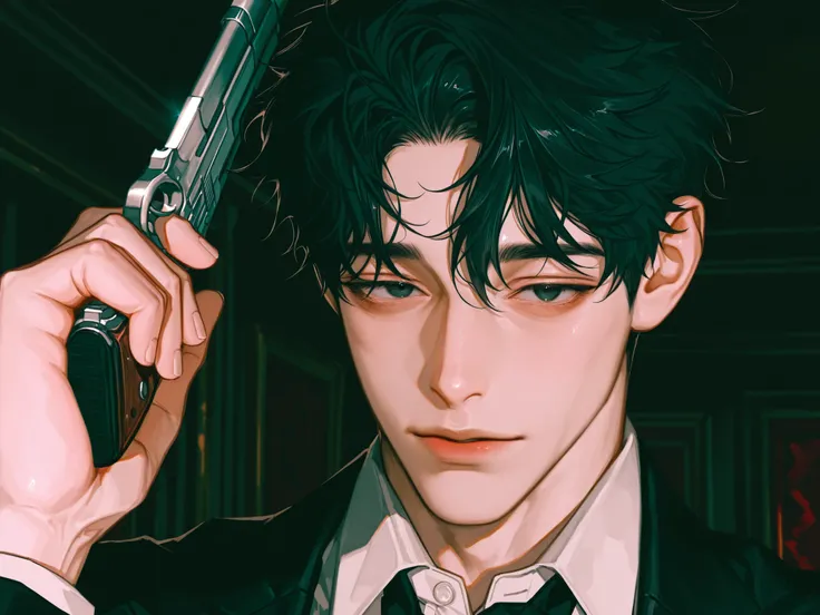 Detailed drawing, 40's,Glancing at the viewer,, Looking down at the viewer,black hair, detailed eyes, detail hair, detailed face ,black suit shirt,Trimmed hair, Floppy bangs, short hair, Sexy face, medium close-up, short hair,, hold a small knife in one h...