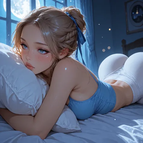  Masterpiece, high details, depth of field, ray tracing, bokeh, pretty, eyeliner, full lips, skinny, clutching pillow, laying on stomach on bed, blushing, freckles, medium breasts, light brown hair, braided updo, hair ribbon, blue spaghetti strap top, whit...
