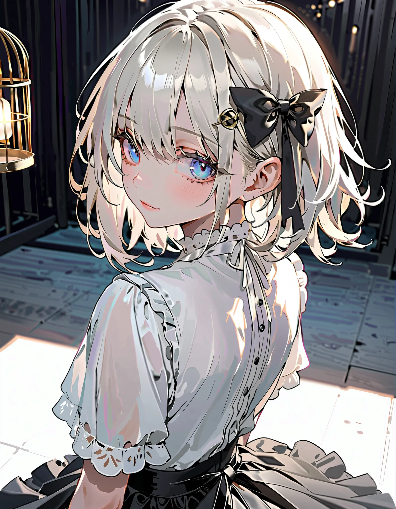 (Top Quality),(masterpiece),Delicately Drawn Face,Of a cute face,beautifully detailed blue eyes,White and Black Landmine Fashion,(( Beautiful Detailed White Blouse)),((Beautiful Detailed Black Flare Mini Skirt))(beautiful silky white hair:1.2),Black Ribbon...