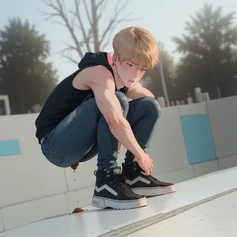 score_9, score_8_up, score_7_up, best quality, In a skate park the Slim sporty boy 1boy, wearing hoodie, (vans extra high sneakers), (is squatting, Legs lowered :1.1), ((( Poop ,)), internal, 1boy, blonde hair, (short bob, crew cut,),, wide shoulder ,thin ...
