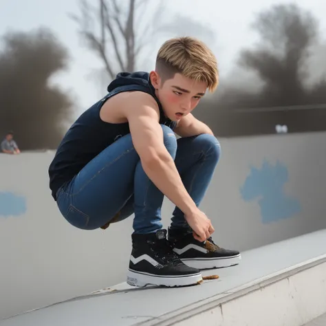 score_9, score_8_up, score_7_up, best quality, In a skate park the Slim sporty boy 1boy, wearing hoodie, (vans extra high sneakers), (is squatting, Legs lowered :1.1), ((( Poop ,)), internal, 1boy, blonde hair, (short bob, crew cut,),, wide shoulder ,thin ...