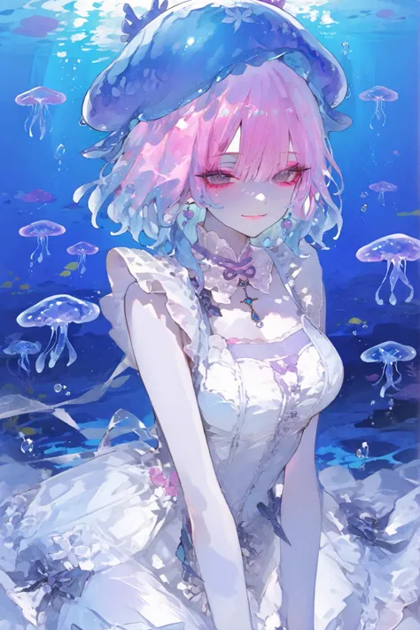 fantastic scenery、Several types of Jellyfish、Jellyfish、Girl surrounded by many Jellyfish、fantasy、girl、watercolor、Delicate and vibrant watercolor、4K、Pale watercolor、pale shade、Super Fine、HDR、STUDIO LIGHTING、Extreme Details, kuragecut, blunt bangs,parted ban...