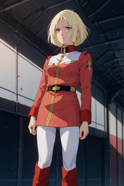 A woman is standing inside a battleship bridge、solo,_count, 1980 \(style\),  parody in hin、blond hair by Eugo、blue eyes、bob cut、red military jacket for 1 person, long sleeve, belts, white leggings, red knee-high boots, Military uniform、The_Mikimoto 