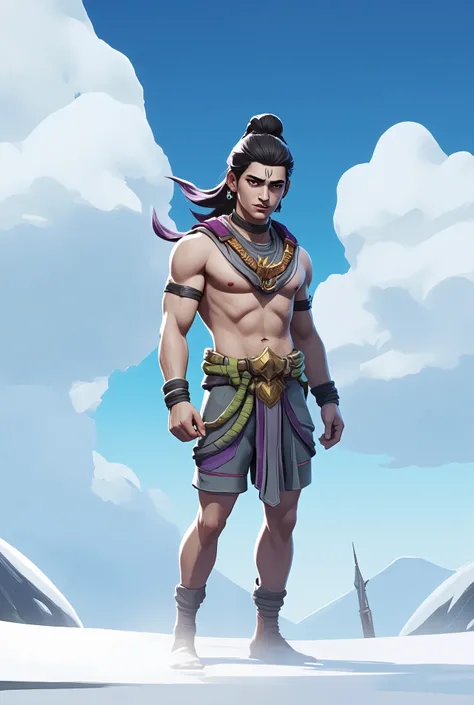 A full-body male semi-realistic digital painting of Lord Shiva standing under bright daylight in a vast open snowy landscape with a clear blue sky and scattered white clouds. Shiva has tall, muscular proportions and light bluish-white skin with a subtle gl...