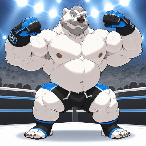 huge muscular polar bear at UTC MMA tournament octagon caged ring poses the crowd, big strength, polar bear, huge white fur, thick arm, huge arm, added thick gray mustache and beard, added short gray hair, (thick veiny muscular, pectoral, wide pectoral, th...