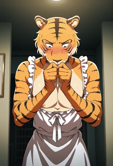 BEASTARS、building、Tiger、male focus、solo、Fur、naked、white ruffle dress with both hands、shoulder out、valley、Nipples、Blush、Embarrassing、close his mouth、Looking Down、in the room