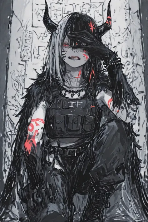 
Physical Appearance:

fur: extremely pale, almost Cinderella , giving them a cadaveric appearance.

hair: white, Short and messy, fall on his face partially covering his eyes, as if hiding a look full of hate or sadness.

eyes: completely black, no visibl...