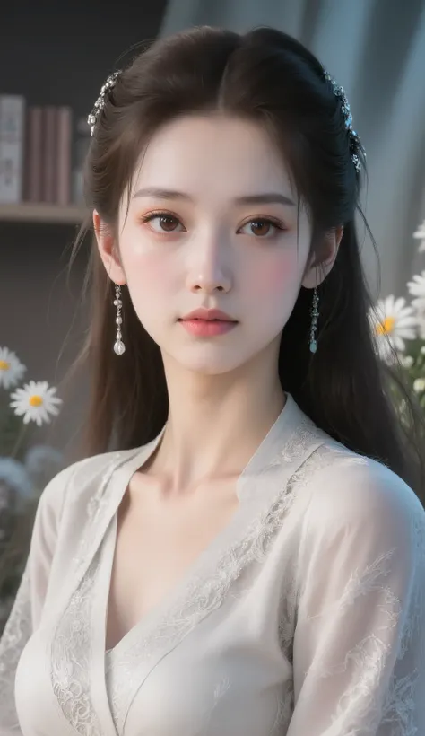 A half-body portrait of a young woman with delicate features, smooth fair skin, and long wavy chestnut hair. She wears a white lace blouse with a soft V-neck, gazing softly into the camera with warm brown eyes. Natural sunlight filters through sheer curtai...