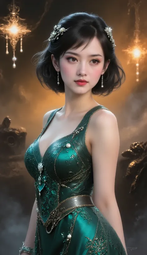 A glamorous 1920s woman in a half-body portrait, styled in Art Deco fashion. She has an oval face with deep-set hazel eyes, thick arched brows, and bold red lips. Her short bob hair is styled with finger waves, adorned with a pearl hairpin. She wears a bea...