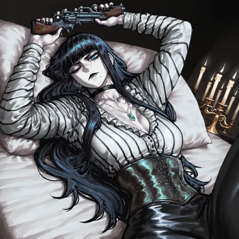 masterpiece, best quality, amazing quality, very aesthetic, absurdres, newest, 1girl, straight hair,  head tilt, very long hair, black eyes, pale skin, , upper body,  {{aquiline nose}}, tsurime, mole under mouth, forehead, tall female, small breasts, narro...