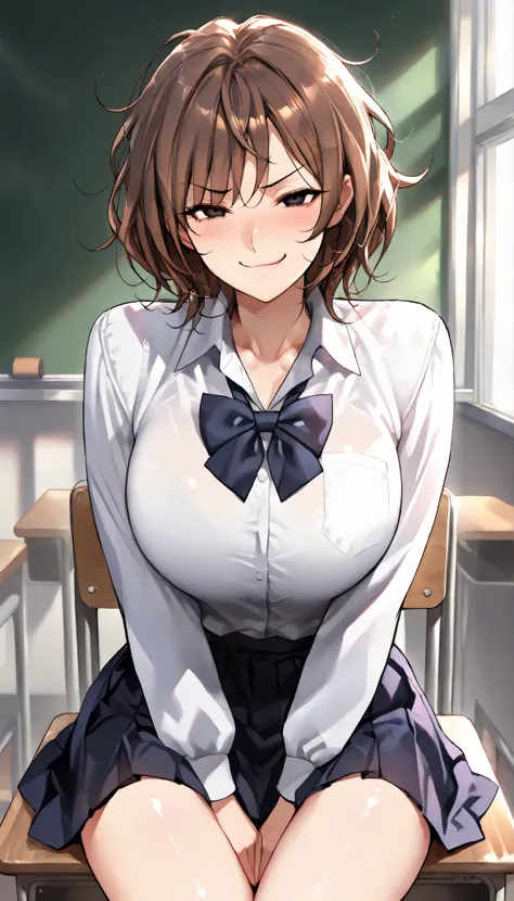 SOLO,Modern Backgrounds,A female with slim body(older girl),black eyes,medium oppai,shiny skin,(Wearing A loose JK skirt),(White school uniform),Sitting in Classroom,Arrogant sitting position,(Brown hair,Short hair,Messy Hair),(Smug),slightly tilted forwar...