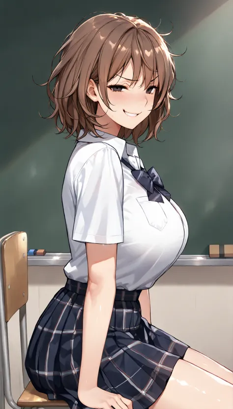 SOLO,Modern Backgrounds,A female with slim body(older girl),black eyes,medium oppai,shiny skin,(Wearing A loose JK skirt),(White school uniform),Sitting in Classroom,Arrogant sitting position,(Brown hair,Short hair,Messy Hair),(Smug),slightly tilted forwar...