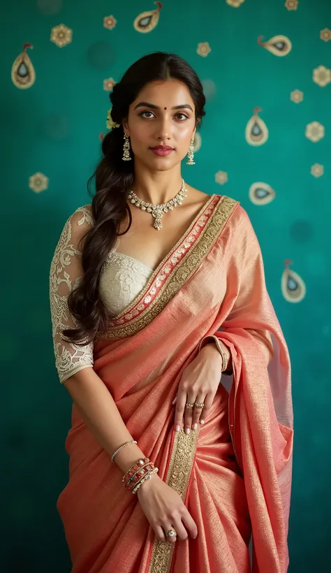  Gorgeous fair mature womens in 30s wearing Soft Banarasi Silk saree with cap Puff Sleeve silk sheer blouse, Visible lace bra underneath the blouse, look ultra realistic human wearing bangle, wearing bindi, large chandelier earrings and necklace, long Hair...