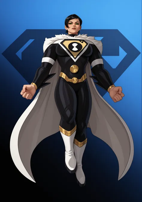 detailed,beautiful face,detailed background,detailed face,4k,HD,8k,highres,antialiasing,detailed,texture BREAK SupergirlSC,1girl,short hair,big breasts,black hair,thighs,cape,bodysuit,covered navel,solo,thick thighs,skin tight,mature female,white cape,sup...