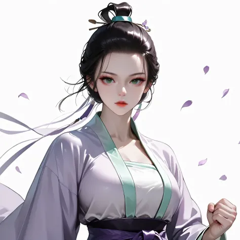 very aesthetic, 걸작, 고해상도, 8k 해상도, high contrast, (semi-realistic), newest, koreanai, best_quality, finely_detailed_eyes_and_detailed_face, (1 girl), solo, topknot, (slicked_back:1.2), purple_hanfu, holding_niddle, fighting_stance, martial arts, (standing...
