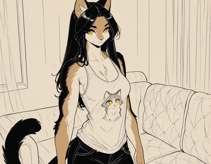 monochrome, line art, pencil drawing, 1girl, (Valeri\(anthro cat girl, straight black hair, black tail, yellow eyes, medium breasts, black fur on arms and tail, beige fur on chest and face, wearing tank top and open flannel shirt, standing)\), couch in for...