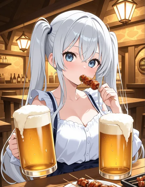 Long Silver Hair、beautiful girl with twin tails、Drinking beer with yakitori、Tavern Scenery