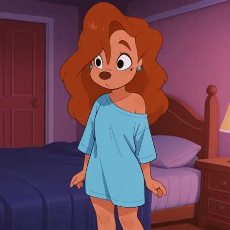 roxanne, 1girl, furry female, brown hair, long hair, solo, earrings, black eyes, oversized shirt, standing, in bedroom, fancy bed, 