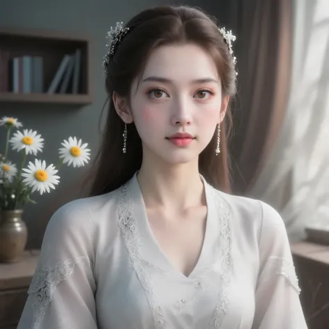 A half-body portrait of a young woman with delicate features, smooth fair skin, and long wavy chestnut hair. She wears a white lace blouse with a soft V-neck, gazing softly into the camera with warm brown eyes. Natural sunlight filters through sheer curtai...