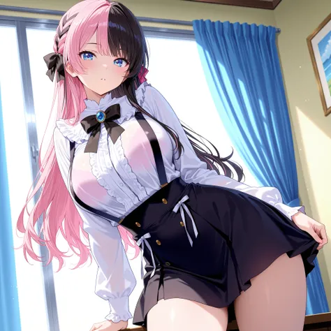 solo,masterpiece,best quality, amazing quality, highres, absurdres, very aesthetic, high resolution, ultra detailed, perfect details,Hinan0Def, blue eyes, (multicolored hair), pink hair, black hair, long hair, french braid, hair bow, black bowtie, brooch, ...