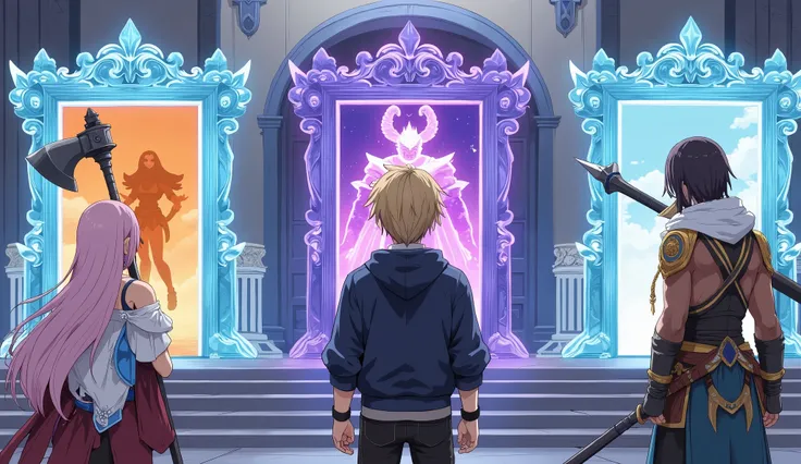 Anime-style fantasy scene inside a mystical temple, three glowing doors with mysterious silhouettes behind them. In the center, a male character in a hoodie stands facing the middle door with a glowing purple demonic knight and the number 0.000001% above i...