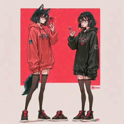 Anime girl, adult, black hair with wolfcut style, only wearing a red and black hoodie with the "JS" logo, wearing black stockings, tomboyish but also tsundere, Wearing glasses, eating candy and playing with her cell phone, Full body, Looking at the camera,...