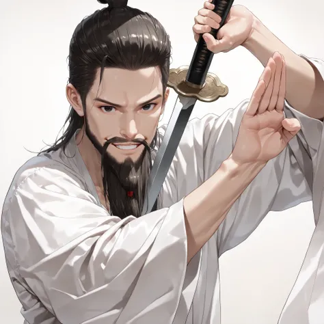 very aesthetic, 걸작, 고해상도, 8k 해상도, high contrast, (semi-realistic), newest, koreanai, best_quality, finely_detailed_eyes_and_detailed_face, (1 man), solo, masculine, (long_beard:1.4), mustache, topknot, (slicked_back:1.2), hanfu, holding_sword, fighting_st...