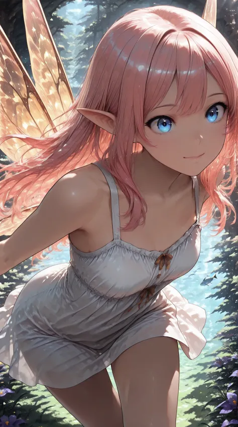 cinematic, (masterpiece), (best quality), (ultra-detailed), very aesthetic, illustration, realistic illustration, perfect composition, intricate details, absurdres, detailed face, (anime, masterpiece, intricate:1.3), (best quality, hires textures, high detail:1.2), (4k),(incredibly detailed:1.4),detailed eyes, iris,realistic shadow,,1girl,fairy ,Translucent winged fairy,
Fairy Wings,game cg,Leaning forward with your hips lowered,highly transparent hair,floating,(Glowing Contours),waterlight,game cg,A look of shame,Grinning,(fish eye angle:1.2),below,angle from side,in a dynamic motion