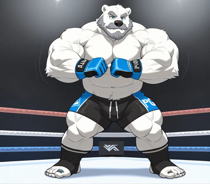 huge muscular polar bear at UFC MMA tournament octagon caged ring poses the crowd, big strength, polar bear, huge white fur, thick arm, huge arm, added thick gray mustache and beard, added short gray hair, (thick veiny muscular, pectoral, wide pectoral, th...