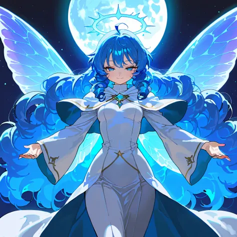 masterpiece, best quality, ultra-detailed, best illustration, solo, 1girl, dynamic pose, moon, blue moon, score_9 , score_8_up , score_8 , score_7_up score_6_up score_5_up score_4_up, solo, curly hair, braid, fluffy, very long hair, blue eyes, blue hair, a...