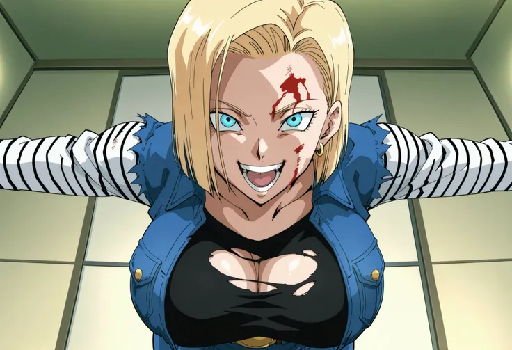 gojoendef, {{{android 18,dragon ball z}}},{{{style: iwao178,urakan}}},{{{cel shading,official art,masterpiece, best quality}}},{{{sidelighting,upper body,{{{leaning forward}}}, {{{mature woman,1girl,solo,huge breasts,narrow waist,huge breasts}}},crazy eyes...