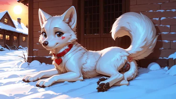 masterpiece, explicit, realistic, ((cute, young)), ((feral)), Arctic Fox, domesticated, pet, hottest canine, female, in estrus, cute, cuddly, petite snout, petite body, small head, bright world, rim lighting, subsurface scattering, closed mouth, summer, co...