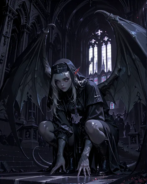 Gargoyle girl, gray rocky skin, , Squatting at the top of the church. Background: cathedral,  dark atmosphere