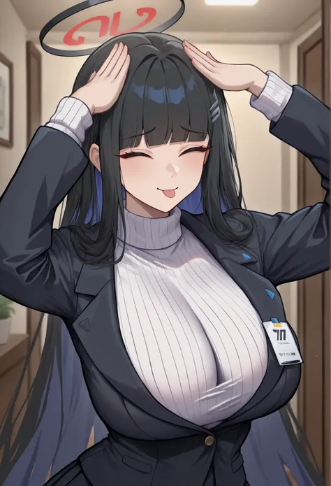 masterpiece, best quality, newest, absurdres, highres, AhEtoBlehMeme, closed eyes, tongue out, :p, hands on own head, smile,   upper body, indoors,  r1o, halo, black hair, very long hair, blunt bangs, large breasts, hair ornament, black jacket, id card, tu...