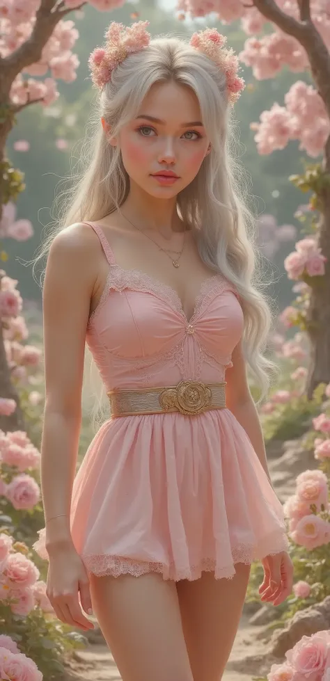 A real girl looks like a doll
The white-haired doll is very small. She is wearing a pink short dress with ruffles and lace, bare back bare shoulders, stands with his back slightly turned 
A girl in an artificial paradise