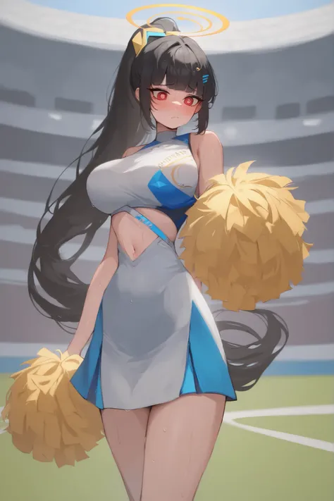 masterpiece, best quality, cowboy shot, embarrassed, frown, r1o, halo, black hair, very long hair, blunt bangs, red eyes, bright pupils, white pupils, ringed eyes, large breasts, hair ornament, ponytail, millennium cheerleader outfit \(blue archive\), hold...