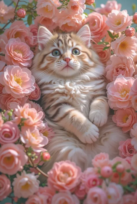 a fluffy long-haired cat surrounded by blooming flowers, hyper-realistic style, intricate details, colorful petals and soft fur, photorealistic lighting, pastel tones, elegant composition, suitable for jigsaw puzzle, 8k resolution, highly detailed
