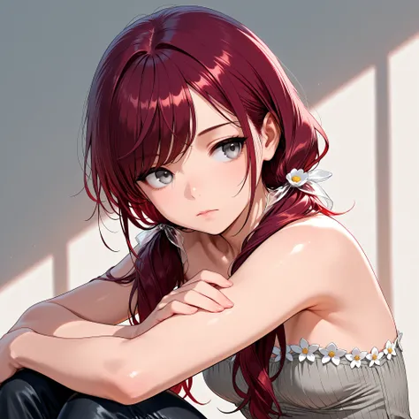 (masterpiece, best quality), solo, intricate details, JK, 1 expressionless girl, looking to the side, hand on own arm, beautiful face, Gray eyes, Dark red hair, long swept bangs, long hair in low twin tails, hair ribbons, translucent ribbons, strapless sle...