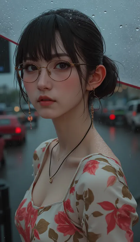 ((Highest Quality、masterpiece、high sensitivity、high resolution、detailed depiction、Delicate facial depiction、Ｆvalue：6.0),((Slender Woman、wearing glasses)),is advanced digital art、Floral Mini Dress 、makeup:(Light Blue Eyeshadow、pink rouge、orange cheek),It's ...