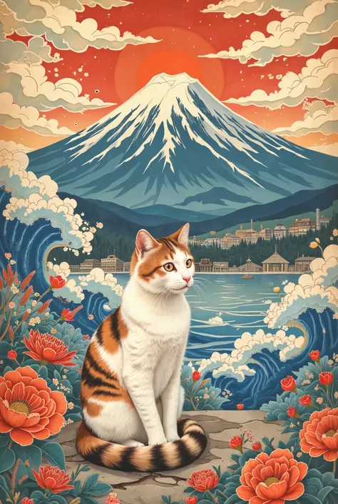 a traditional Japanese ukiyo-e style illustration of a cat sitting calmly in the foreground with Mount Fuji in the background, inspired by Hokusai's woodblock prints, delicate linework, flat vivid colors, stylized clouds and waves, harmonious composition, ...