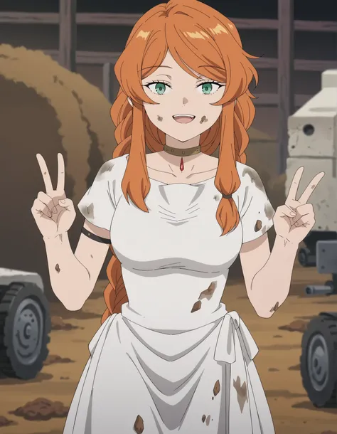 score_9, score_8_up, score_7_up, source_anime,  flamme, long hair, green eyes, swept bangs, braid, orange hair, single braid, braided ponytail, medium breasts, anime screencap, dress, collarbone, choker, white dress, short sleeves,, construction site, mach...