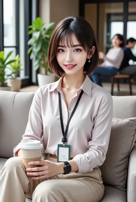 (WIDE Shot), A break area in an office building, There are sparse potted plants and low sofas scattered around, The windows are floor-to-ceiling and offer a view from a high floor, There is a counter at the window, A female employee is lounging on the lon...