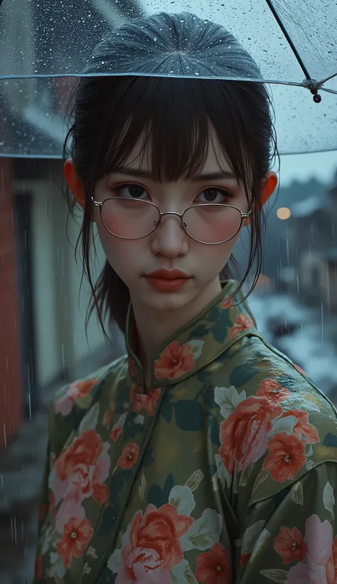 ((Highest Quality、masterpiece、high sensitivity、high resolution、detailed depiction、Delicate facial depiction、Ｆvalue：6.0),((Slender Woman、wearing glasses)),is advanced digital art、Floral Mini Dress 、makeup:(Light Blue Eyeshadow、pink rouge、orange cheek),It's ...