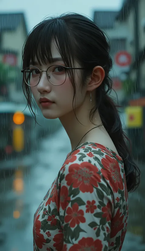 ((Highest Quality、masterpiece、high sensitivity、high resolution、detailed depiction、Delicate facial depiction、Ｆvalue：6.0),((Slender Woman、wearing glasses)),is advanced digital art、Floral Mini Dress 、makeup:(Light Blue Eyeshadow、pink rouge、orange cheek),It's ...