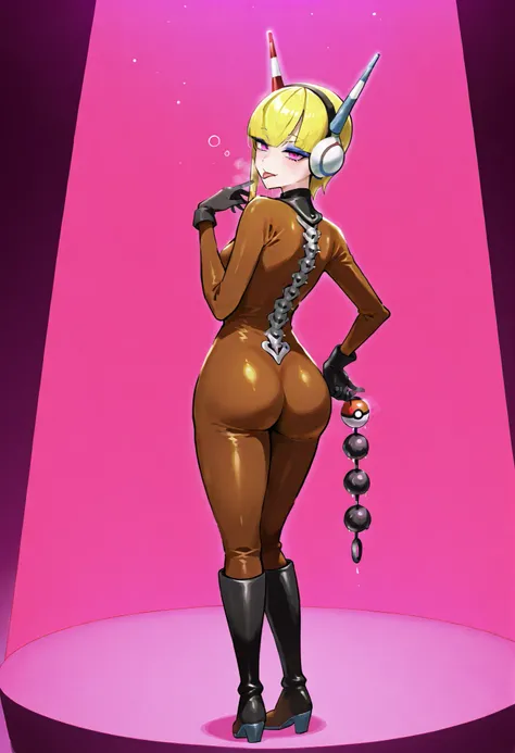 Elesa. Yellow hair. Straight bangs. Short hair. Headphones with mechanical antenna. Villain eyeshadow. Pink eyes. Sleepy eyes. Tongue out. Glossy costume. Brown bodysuit. Black mechanical spine. Black gloves. Oversized boots. Butt sticking out. Back. Turni...