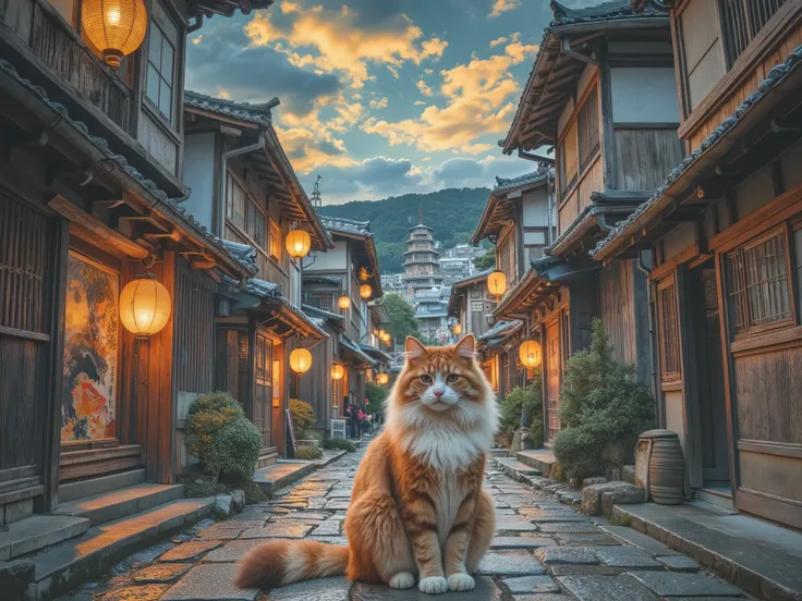 a large elegant cat with long fur sitting prominently in the center foreground of a traditional Kyoto street scene, inspired by the Yasaka Pagoda area, surrounded by old wooden townhouses with tiled roofs, stone-paved alley, warm glowing lanterns, ukiyo-e ...